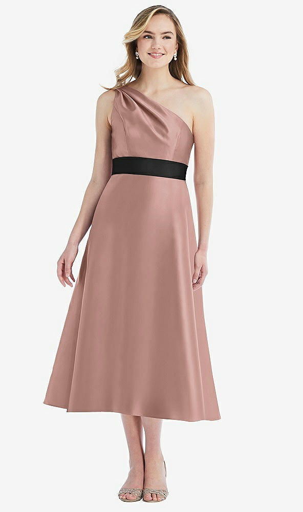 Front View - Neu Nude & Black Draped One-Shoulder Satin Midi Dress with Pockets