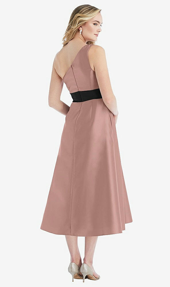 Back View - Neu Nude & Black Draped One-Shoulder Satin Midi Dress with Pockets