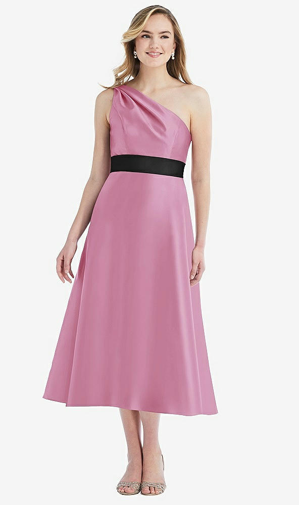Front View - Powder Pink & Black Draped One-Shoulder Satin Midi Dress with Pockets