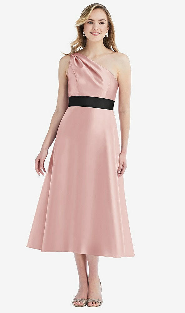 Front View - Rose & Black Draped One-Shoulder Satin Midi Dress with Pockets
