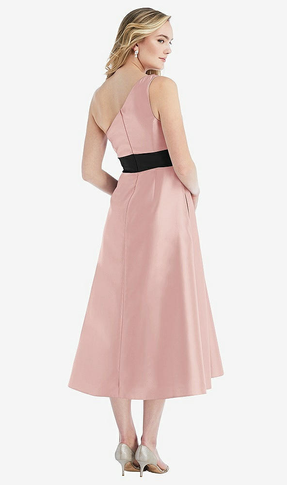 Back View - Rose & Black Draped One-Shoulder Satin Midi Dress with Pockets