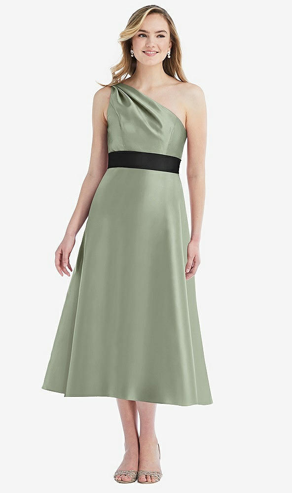 Front View - Sage & Black Draped One-Shoulder Satin Midi Dress with Pockets