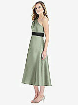 Side View Thumbnail - Sage & Black Draped One-Shoulder Satin Midi Dress with Pockets