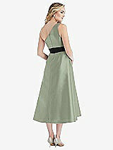 Rear View Thumbnail - Sage & Black Draped One-Shoulder Satin Midi Dress with Pockets