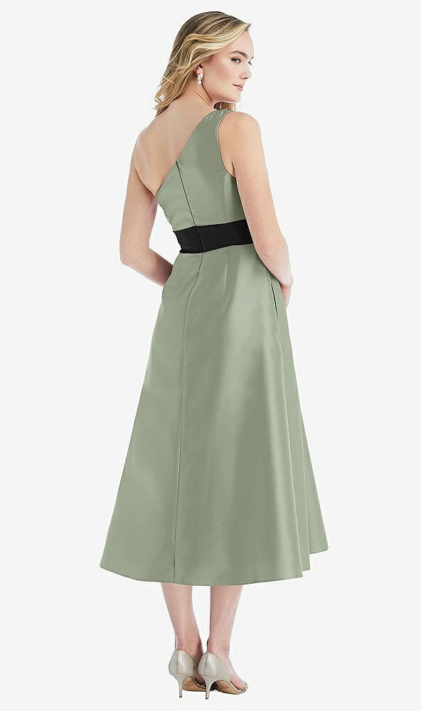 Back View - Sage & Black Draped One-Shoulder Satin Midi Dress with Pockets