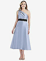 Front View Thumbnail - Sky Blue & Black Draped One-Shoulder Satin Midi Dress with Pockets