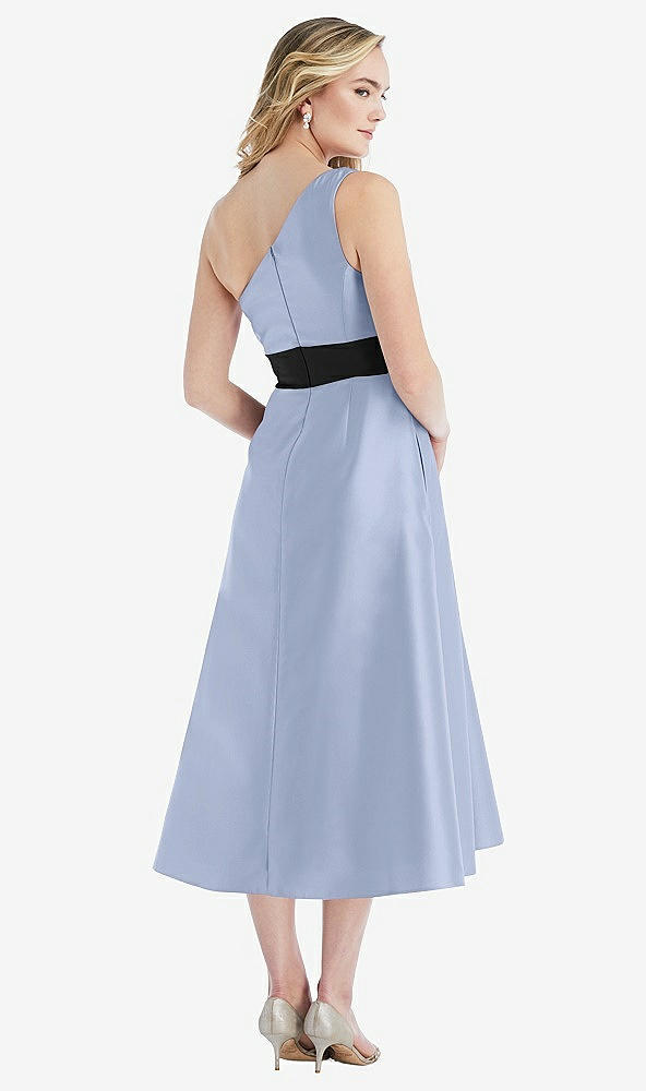 Back View - Sky Blue & Black Draped One-Shoulder Satin Midi Dress with Pockets