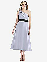 Front View Thumbnail - Silver Dove & Black Draped One-Shoulder Satin Midi Dress with Pockets