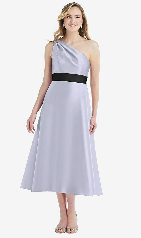 Front View - Silver Dove & Black Draped One-Shoulder Satin Midi Dress with Pockets