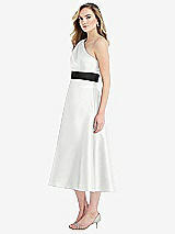 Side View Thumbnail - White & Black Draped One-Shoulder Satin Midi Dress with Pockets