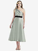 Front View Thumbnail - Willow Green & Black Draped One-Shoulder Satin Midi Dress with Pockets