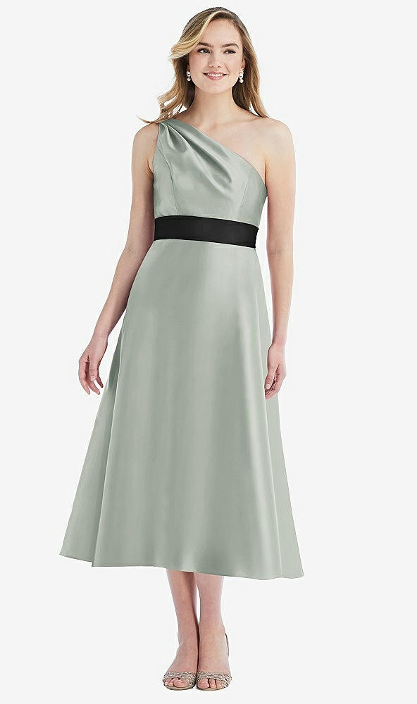 Front View - Willow Green & Black Draped One-Shoulder Satin Midi Dress with Pockets