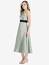 Side View Thumbnail - Willow Green & Black Draped One-Shoulder Satin Midi Dress with Pockets