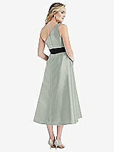 Rear View Thumbnail - Willow Green & Black Draped One-Shoulder Satin Midi Dress with Pockets