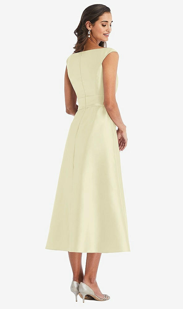 Back View - Butter Yellow & Butter Yellow Off-the-Shoulder Draped Wrap Satin Midi Dress with Pockets