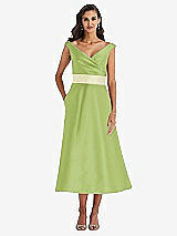 Front View Thumbnail - Mojito & Butter Yellow Off-the-Shoulder Draped Wrap Satin Midi Dress with Pockets