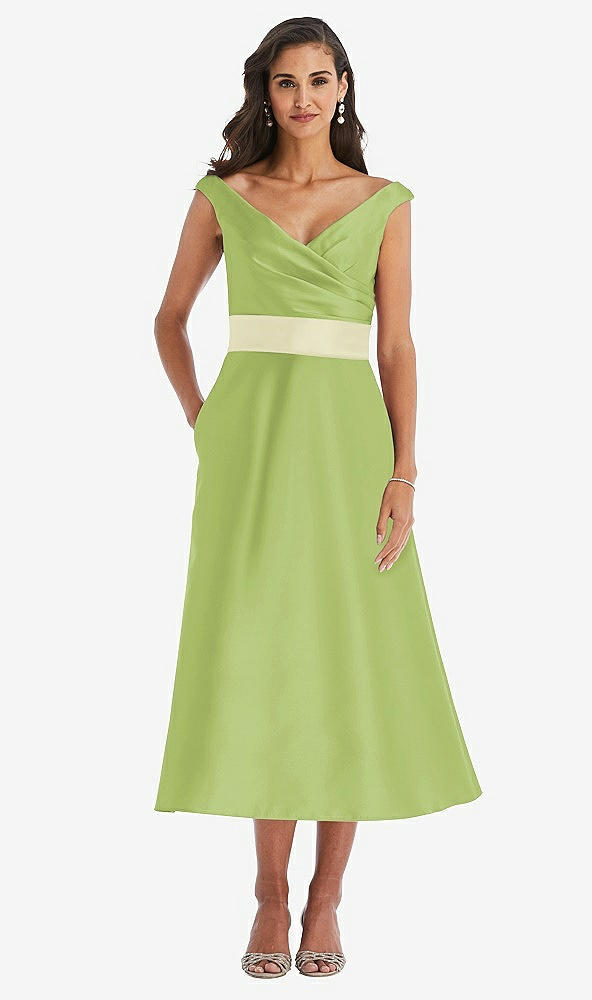 Front View - Mojito & Butter Yellow Off-the-Shoulder Draped Wrap Satin Midi Dress with Pockets