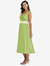 Side View Thumbnail - Mojito & Butter Yellow Off-the-Shoulder Draped Wrap Satin Midi Dress with Pockets