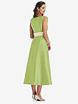 Rear View Thumbnail - Mojito & Butter Yellow Off-the-Shoulder Draped Wrap Satin Midi Dress with Pockets
