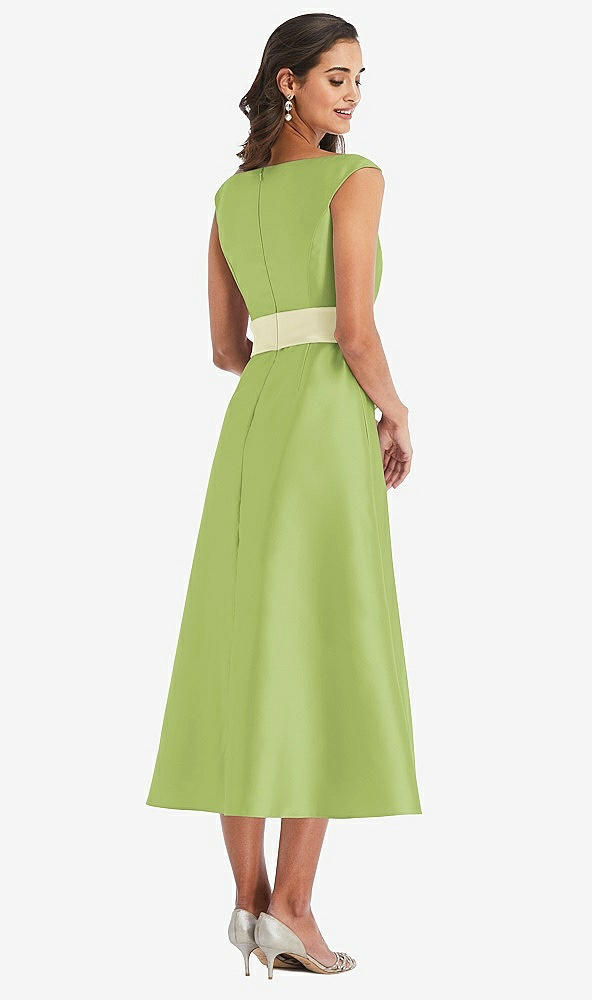 Back View - Mojito & Butter Yellow Off-the-Shoulder Draped Wrap Satin Midi Dress with Pockets