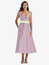 Front View Thumbnail - Suede Rose & Butter Yellow Off-the-Shoulder Draped Wrap Satin Midi Dress with Pockets