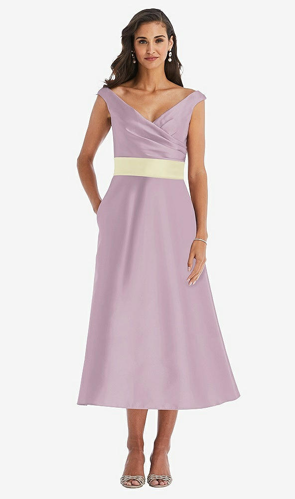 Front View - Suede Rose & Butter Yellow Off-the-Shoulder Draped Wrap Satin Midi Dress with Pockets