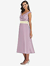Side View Thumbnail - Suede Rose & Butter Yellow Off-the-Shoulder Draped Wrap Satin Midi Dress with Pockets