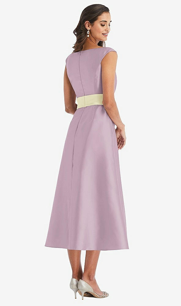 Back View - Suede Rose & Butter Yellow Off-the-Shoulder Draped Wrap Satin Midi Dress with Pockets