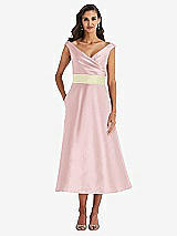 Front View Thumbnail - Ballet Pink & Butter Yellow Off-the-Shoulder Draped Wrap Satin Midi Dress with Pockets