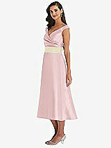 Side View Thumbnail - Ballet Pink & Butter Yellow Off-the-Shoulder Draped Wrap Satin Midi Dress with Pockets