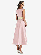 Rear View Thumbnail - Ballet Pink & Butter Yellow Off-the-Shoulder Draped Wrap Satin Midi Dress with Pockets