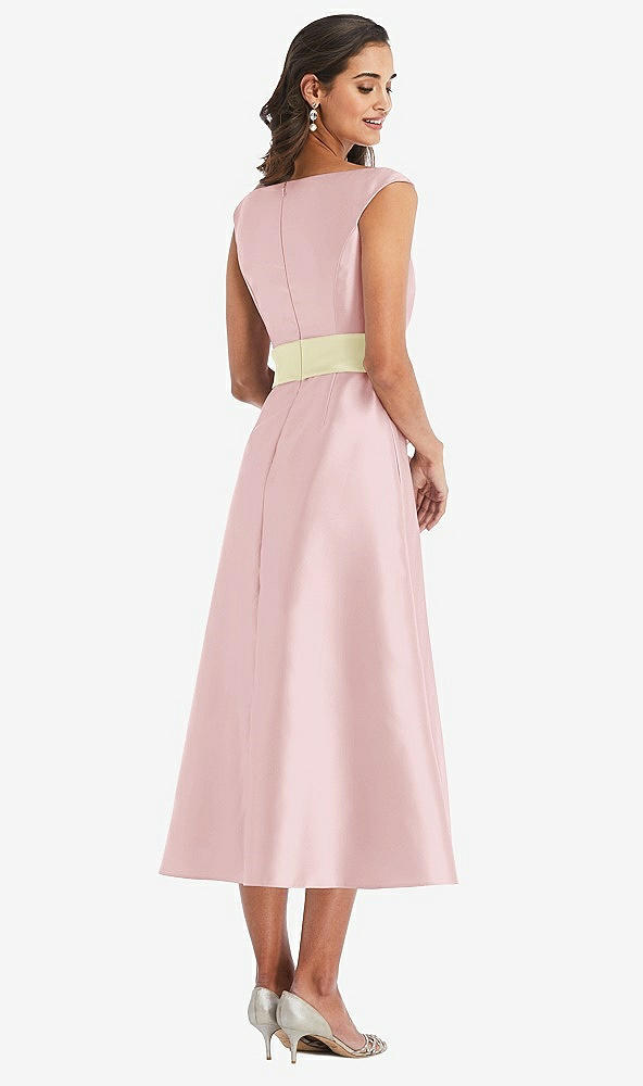 Back View - Ballet Pink & Butter Yellow Off-the-Shoulder Draped Wrap Satin Midi Dress with Pockets
