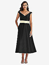 Front View Thumbnail - Black & Butter Yellow Off-the-Shoulder Draped Wrap Satin Midi Dress with Pockets