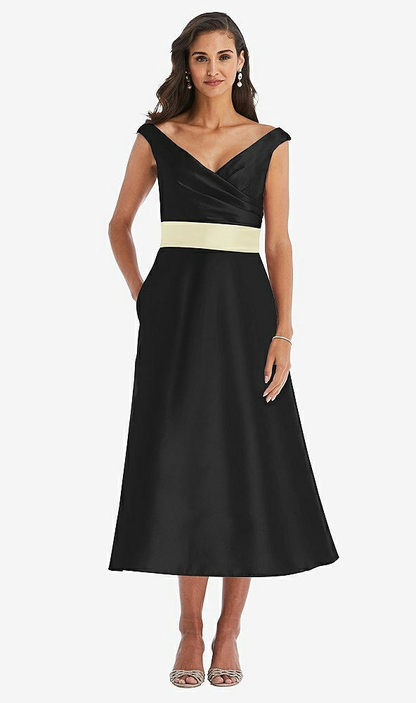 Front View - Black & Butter Yellow Off-the-Shoulder Draped Wrap Satin Midi Dress with Pockets