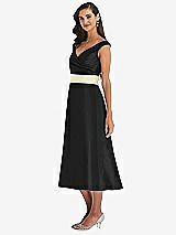 Side View Thumbnail - Black & Butter Yellow Off-the-Shoulder Draped Wrap Satin Midi Dress with Pockets