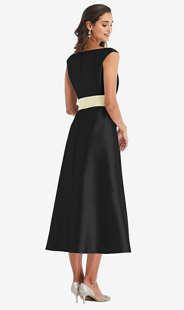 Back View - Black & Butter Yellow Off-the-Shoulder Draped Wrap Satin Midi Dress with Pockets