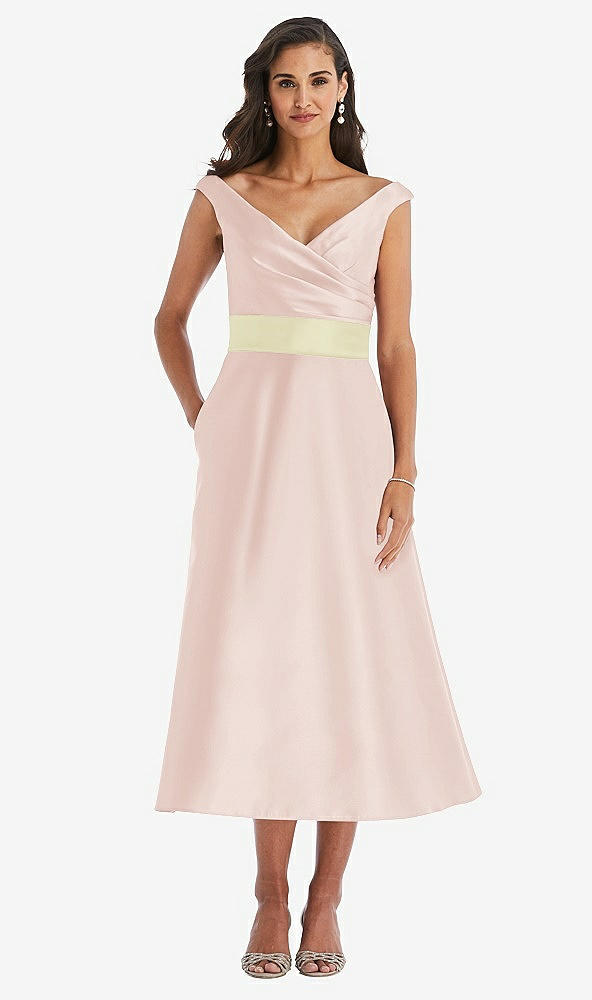 Front View - Blush & Butter Yellow Off-the-Shoulder Draped Wrap Satin Midi Dress with Pockets