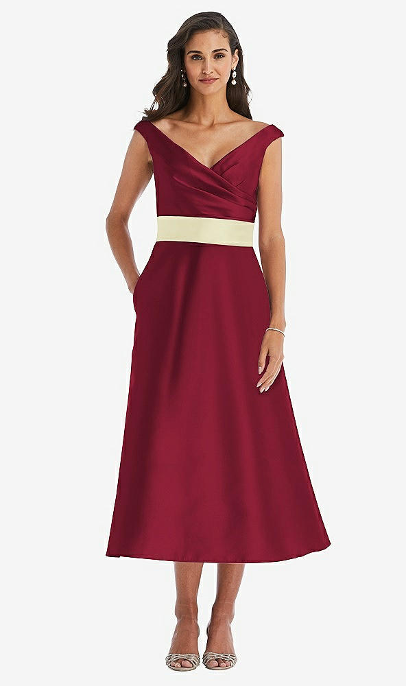 Front View - Burgundy & Butter Yellow Off-the-Shoulder Draped Wrap Satin Midi Dress with Pockets