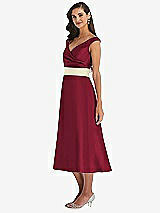 Side View Thumbnail - Burgundy & Butter Yellow Off-the-Shoulder Draped Wrap Satin Midi Dress with Pockets