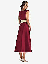 Rear View Thumbnail - Burgundy & Butter Yellow Off-the-Shoulder Draped Wrap Satin Midi Dress with Pockets