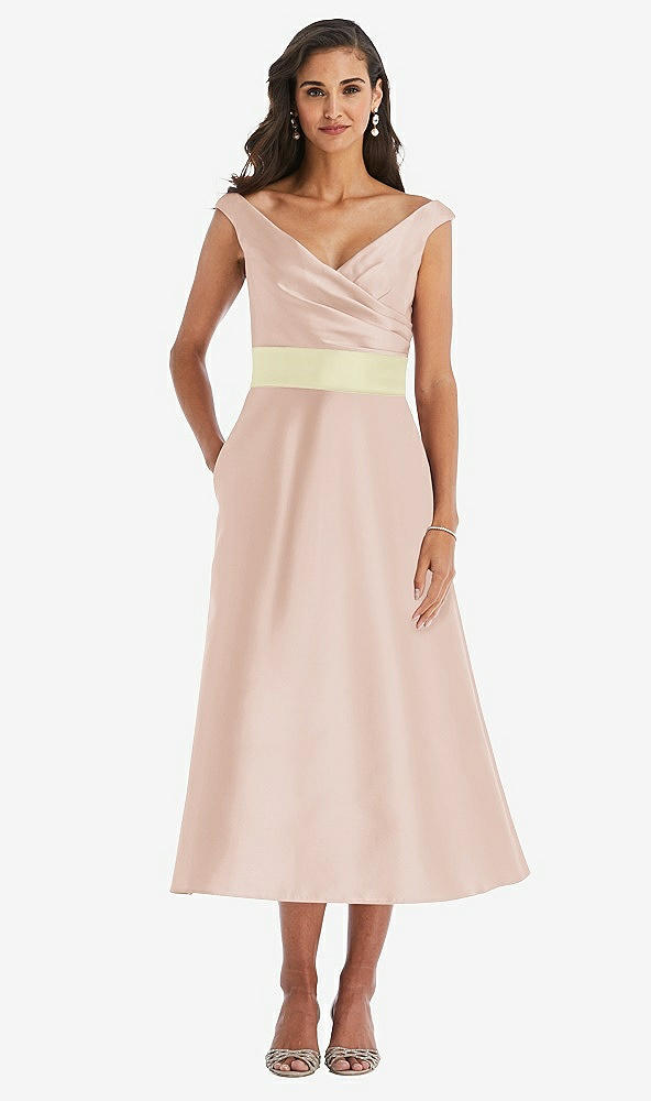 Front View - Cameo & Butter Yellow Off-the-Shoulder Draped Wrap Satin Midi Dress with Pockets