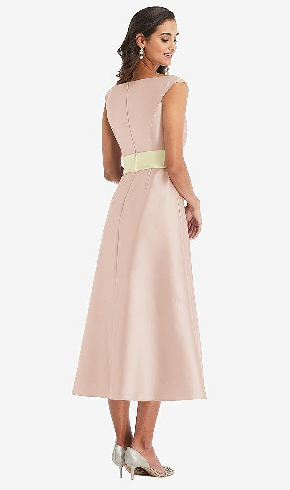 Back View - Cameo & Butter Yellow Off-the-Shoulder Draped Wrap Satin Midi Dress with Pockets