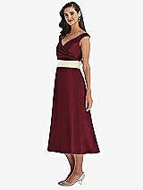 Side View Thumbnail - Cabernet & Butter Yellow Off-the-Shoulder Draped Wrap Satin Midi Dress with Pockets