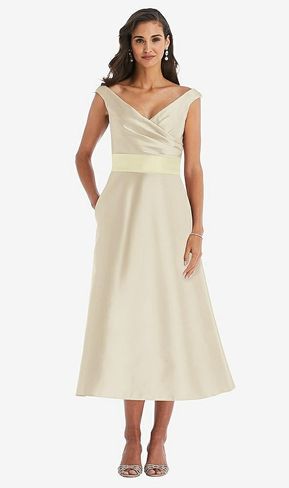 Front View - Champagne & Butter Yellow Off-the-Shoulder Draped Wrap Satin Midi Dress with Pockets