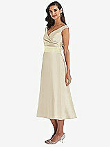 Side View Thumbnail - Champagne & Butter Yellow Off-the-Shoulder Draped Wrap Satin Midi Dress with Pockets