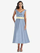 Front View Thumbnail - Cloudy & Butter Yellow Off-the-Shoulder Draped Wrap Satin Midi Dress with Pockets