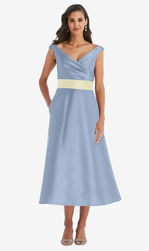 Front View - Cloudy & Butter Yellow Off-the-Shoulder Draped Wrap Satin Midi Dress with Pockets