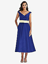 Front View Thumbnail - Cobalt Blue & Butter Yellow Off-the-Shoulder Draped Wrap Satin Midi Dress with Pockets