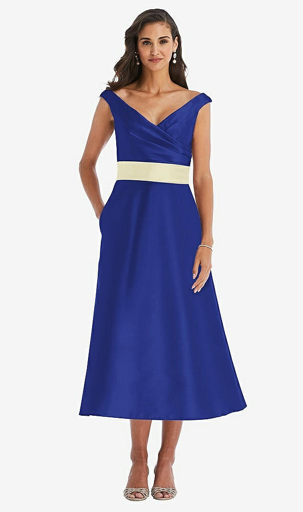 Front View - Cobalt Blue & Butter Yellow Off-the-Shoulder Draped Wrap Satin Midi Dress with Pockets