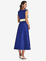 Rear View Thumbnail - Cobalt Blue & Butter Yellow Off-the-Shoulder Draped Wrap Satin Midi Dress with Pockets